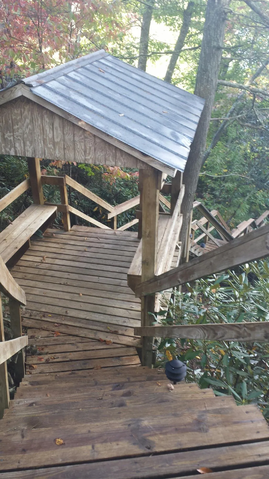 Metal roofed shelter over wooden steps on a wooded walkway — Skylight Repair & Installation work by our crew in Butte City